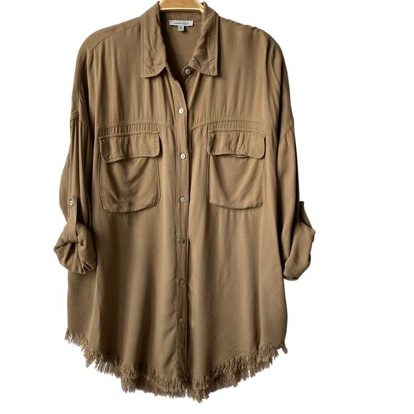 White Birch Frayed Hem Utility Shirt Women M Mushroom Tan Quiet Luxury Button Up - Picture 1 of 11